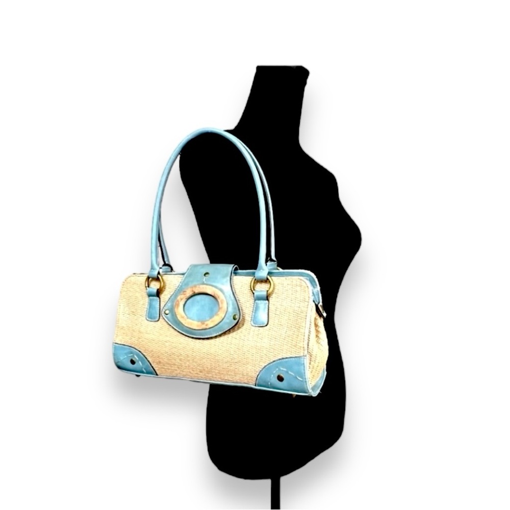 VINTAGE 70s Faux Straw and Aqua Satchel - Picture 5 of 14